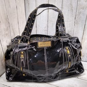 Kandoo Black Patent Y2K ZIP Gold Studs 2Handle Med/Lrg Multi-Pocket Satchel Tote